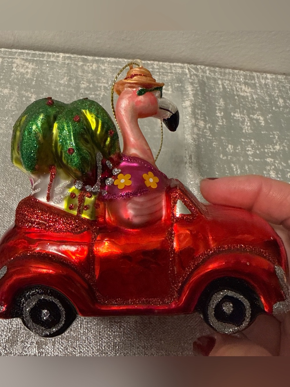 Holiday Flamingo Ornament in Red with Green Palm